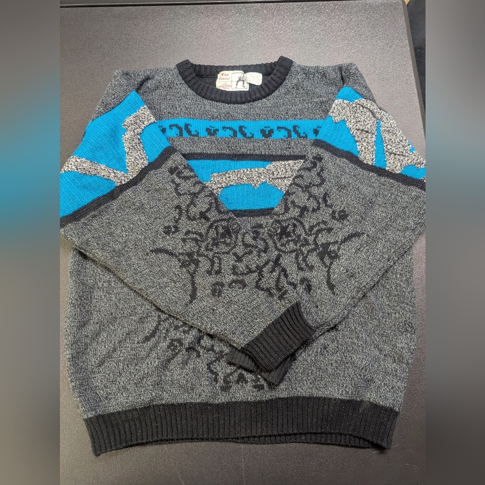 Vintage 90s Geometric Grandpa Sweater XL Blue Gray Coogi Style Knit